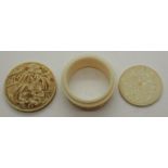 Small carved antique ivory pill box with figurines and vegetation