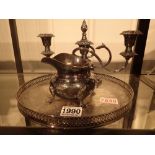 Silver plated candlestick tray and cream jug