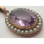 Presumed 9ct gold amethyst and seed pearl set pendant and chain 4.