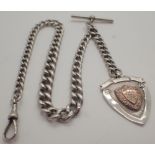 Graduated silver watch chain with clip T bar and fob 47g