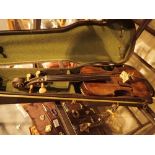 Antique violin with two piece back case and bow