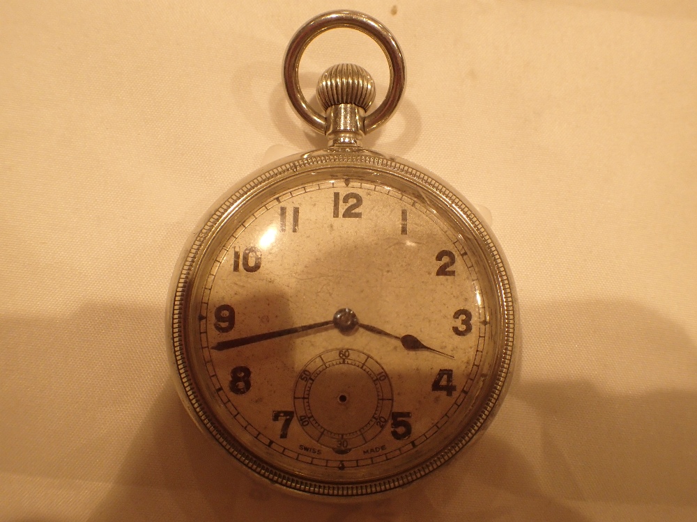 Military crown wind white metal pocket watch with crows foot 5135 to verso