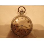 Military crown wind white metal pocket watch with crows foot 5135 to verso