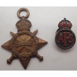 1914 - 1916 WWI medal to 1846 Pte R Dearden R Fusileers and a womens Auxiliary Fire Service badge