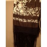 Black Oriental silk pashmina with embroidered flower design 150 cm squared