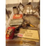 Tray of collectable antique cigarette tins miners silver plated box and other metal items