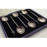 Cased set of six hallmarked silver coffee bean spoons,