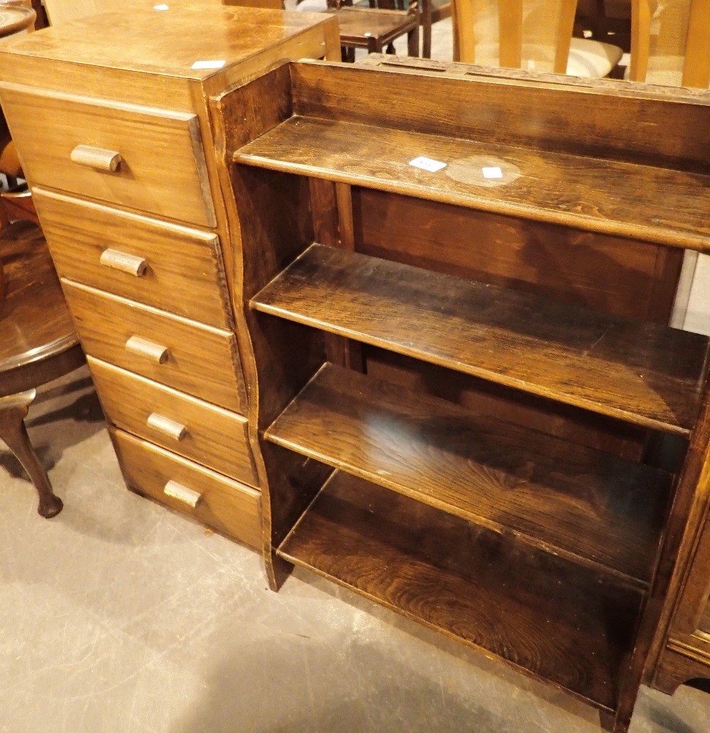 Oak bookshelves and a five drawer chest