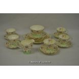 Foley part tea service, floral, green and gilt decoration