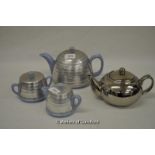 Blue teapot with silvered covers, matching milk and sugar, with another teapot