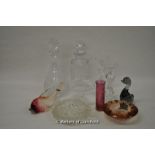 Quantity of gut glass including decanters, candlesticks, bon bon dish, ashtrays and paperweight