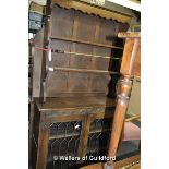 Oak glazed bookcase with plate rack above, 96 x 185 x 32