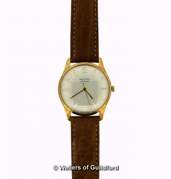 Gentlemen's Record de Luxe 9ct gold cased wristwatch, cream dial with Arabic numerals and baton hour