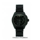 *Gentlemen's Gc black ceramic wristwatch, black circular dial with baton hour markers, date aperture