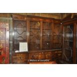 Mahogany reproduction bookcase/display cabinet above multi drawer and cupboard base, 195 x 50 x