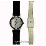 Gentlemen's Swatch Irony wristwatch, silver coloured textured dial with black bezel, on a black