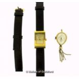 Ladies' Gucci 2300L wristwatch, rectangular gold coloured dial, on dark brown leather strap, spare