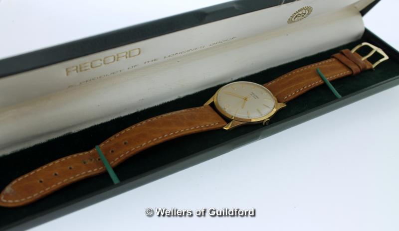 Gentlemen's Record de Luxe 9ct gold cased wristwatch, cream dial with Arabic numerals and baton hour - Image 2 of 2