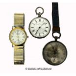 Two silver pocket watches, and a gentlemen's stainless steel wristwatch on an expandable bracelet