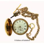 18ct gold full hunter pocket watch, ceramic white dial with Roman numerals and subsidiary seconds