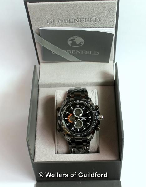 *Gentlemen's Globenfeld black stainless steel wristwatch, circular black dial with three digital - Image 2 of 2