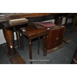 Nest of three reproduction mahogany tables, table top cocktail cabinet and adressing table stool