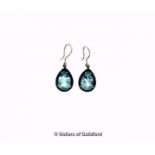 *Pair of blue topaz and sapphire drop earrings, a pear shaped blue topaz with a surround of round