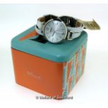 *Ladies' Fossil wristwatch, circular white dial with baton hour markers, on white leather strap,