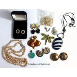 Selection of costume jewellery, including two pairs of silver clip-on earrings