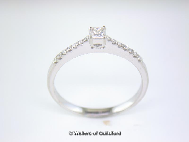 Single stone diamond ring, princess cut diamond four claw set in platinum, estimated colour and - Image 2 of 2