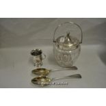 Cut glass with silver collar, lid and handle, small silver cup and a pair of decorative spoons