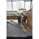 Copper kettle, brass fire utensils and telescope