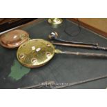 Two copper and brass bed pans and a mace