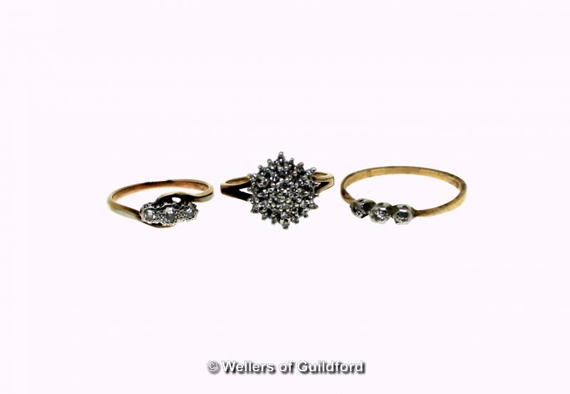 Diamond cluster ring, single cut diamonds mounted in 9ct yellow gold, together with a three stone