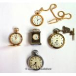 Miniature carriage clock in a box, together with four pocket watches