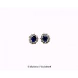 Sapphire and diamond cluster earrings, each earring set with an oval cut sapphire with a surround of