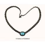 Silver marcasite necklace with central blue oval cut topaz, gross weight 37.5 grams