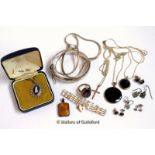 Selection of mostly silver jewellery, including a gate bracelet, a bangle, necklaces and earrings,