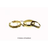 *Two yellow metal rings, tested as 18ct, a 9ct gold ring set with two small diamonds, and a single