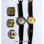 Selection of five vintage watches, three without straps