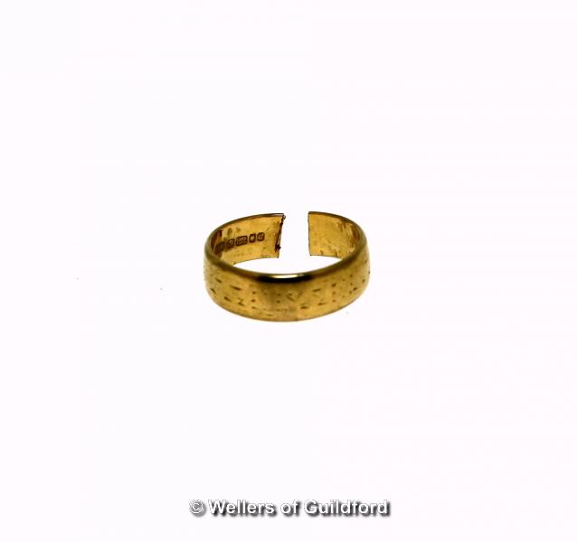 22ct yellow gold wedding band, a/f, cut, weight 4.5 grams