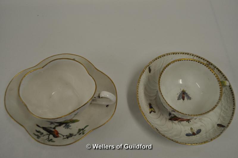 Two Meissen tea cups and saucers; bird, butterfly and bee decoration with gilt detailing - Image 2 of 3