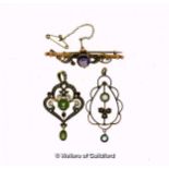 Amethyst and seed pearl bar brooch, with safety chain, mounted in 9ct yellow gold, a peridot, seed