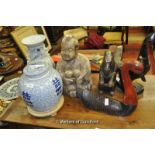 *20thC ginger jar and vase and four carved wooden ornaments (Lot subject to VAT)