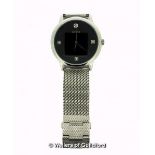 *Gentlemen's Guess wristwatch, circular black dial, on a stainless steel mesh bracelet strap,