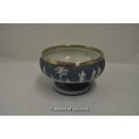 Wedgwood blue Jasperware bowl, plated rim, on pedestal base; together with a commemorative plate