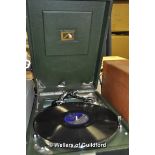 Vintage wind-up gramaphone; together with another record player and a large collection of records
