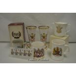 Commemorative china, glassware and stamps; together with three First Day issue stamps and envelopes