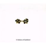 *Pair of yellow metal ear studs, tested as 14ct, each rubover set with a ruby, sapphire and white