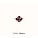 Pink topaz and red diamond ring, oval cut pink topaz, weighing an estimated 3.17cts, with three